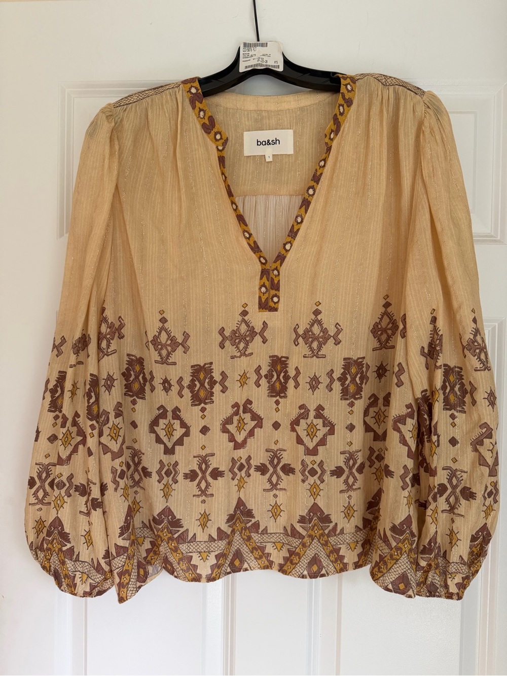 ba&sh Beige Boho Embroidered V-Neck Blouse with Brown & Mustard Accents small